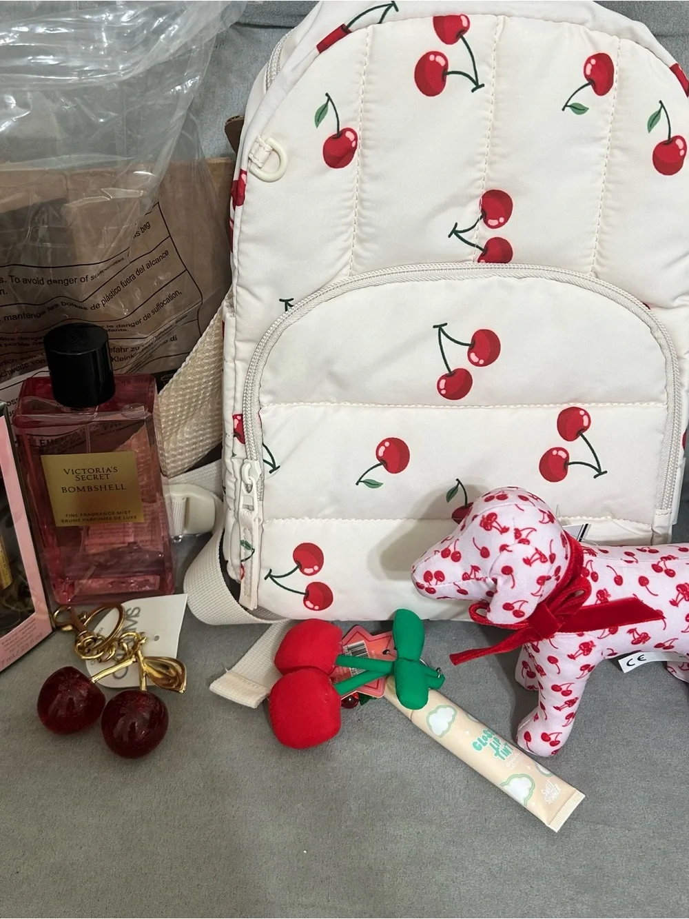 Cherry Print Quilted Backpack Charm Victoria’s Secret Bombshell Mist NWT - Picture 9 of 12